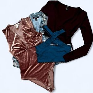 Forever 21 Small Bundle Velvet Bodysuit Jean Vest Blue & Burgundy Crop Top